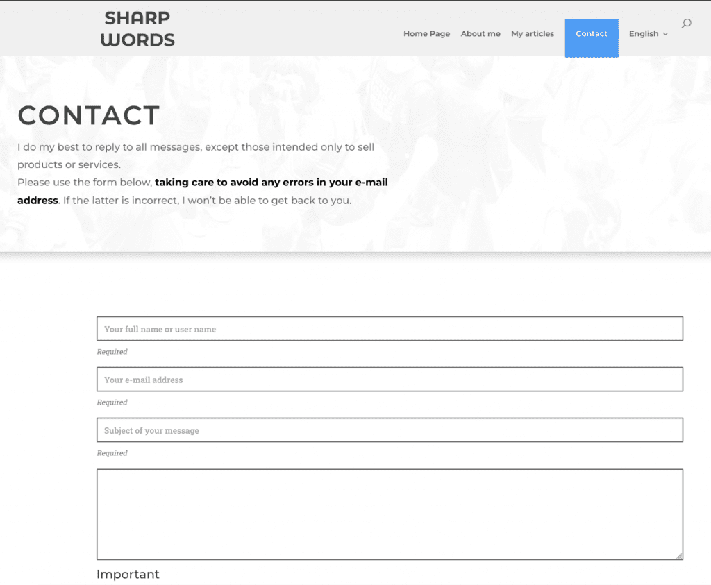 Page de contact en anglais